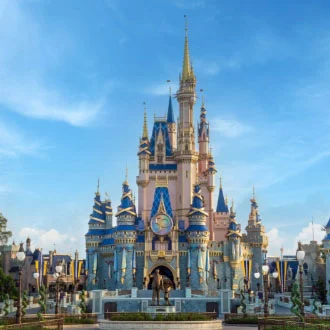 Cinderella Castle at Magic Kingdom under a bright blue sky