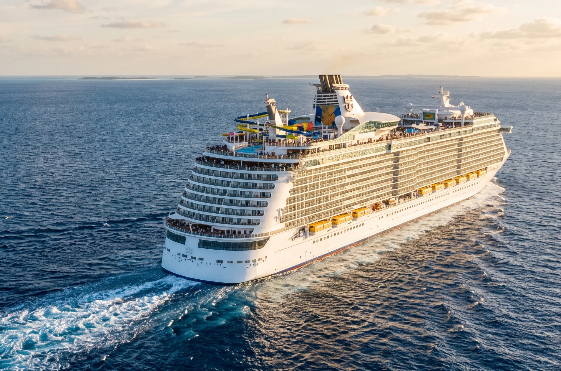 Large cruise ship sailing on open ocean in warm evening light