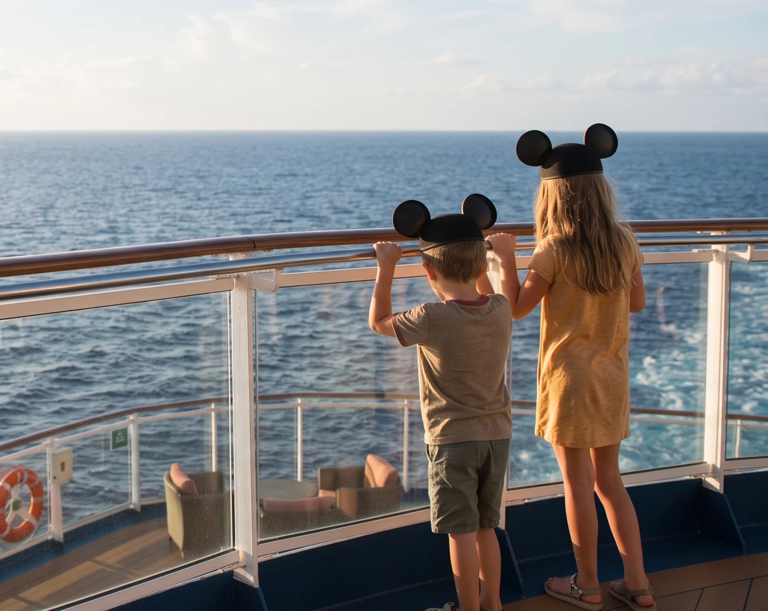 Disney Cruise Kids Two kids in Mickey ears looking out at the ocean from a cruise ship deck