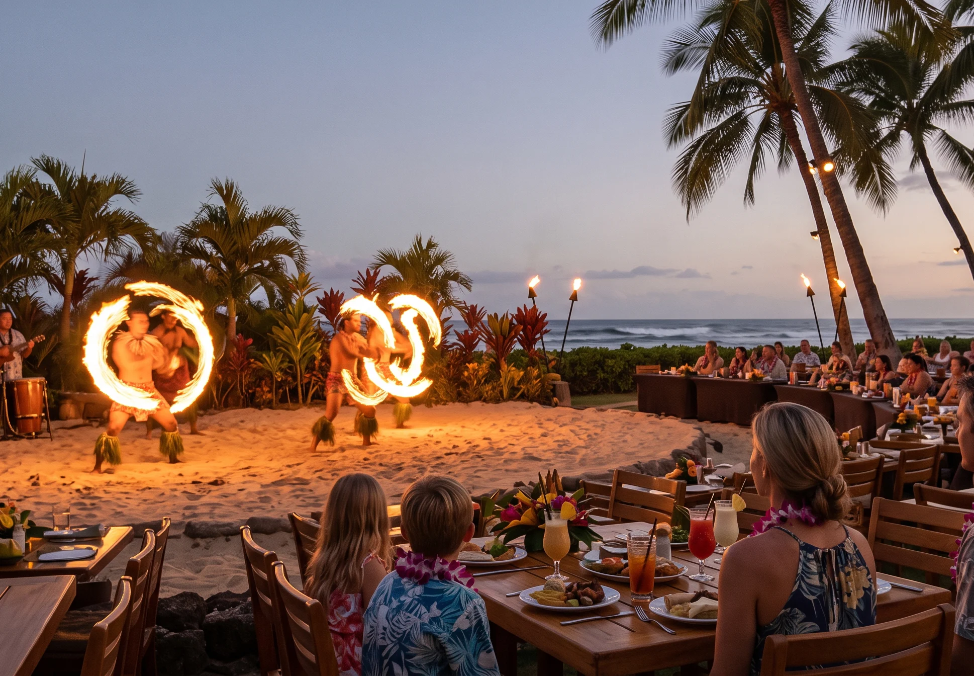 Hawaii Luau Fire dancers performing at a beachside luau as families dine