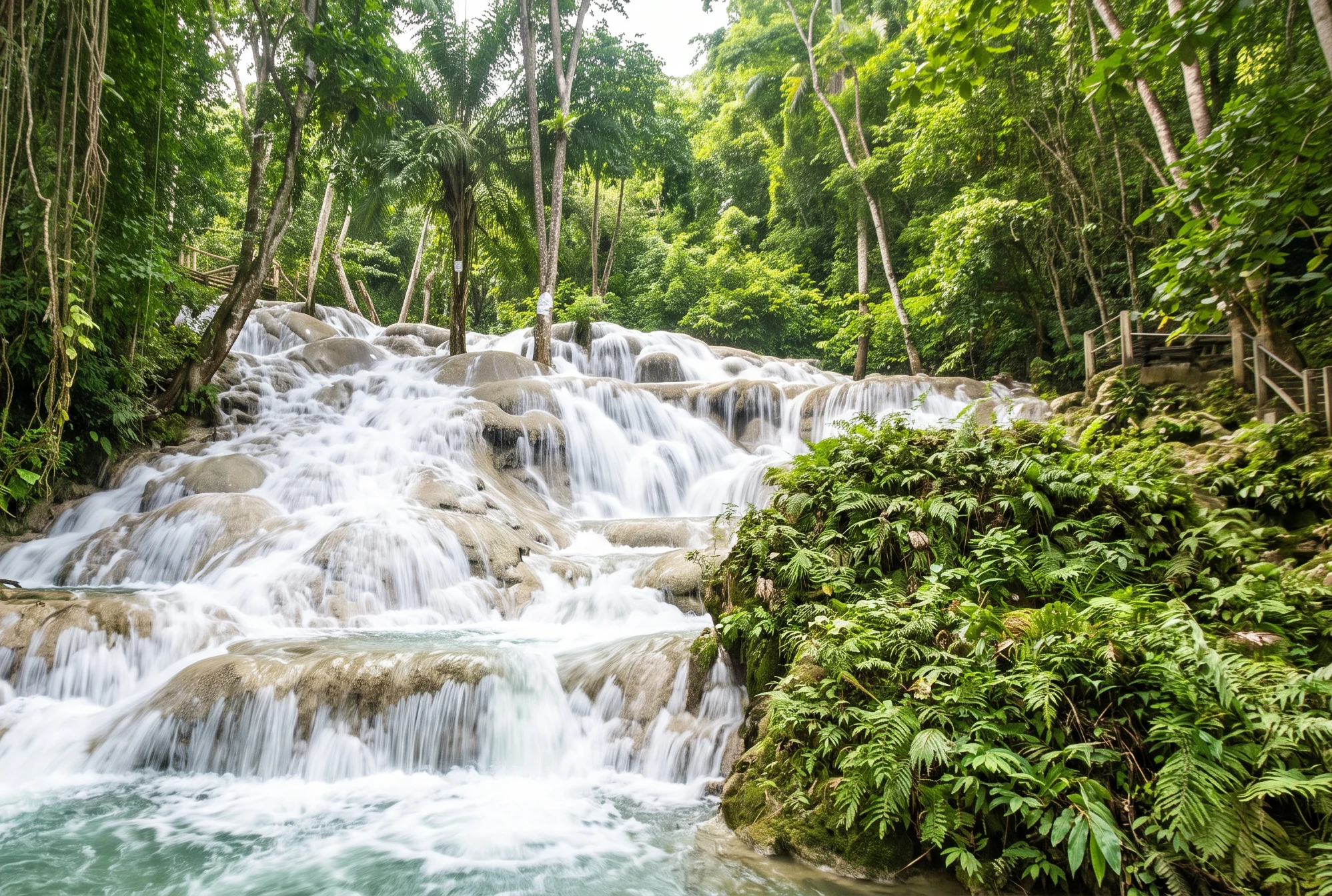 Jamaica Tiered waterfall cascading through lush rainforest in Jamaica