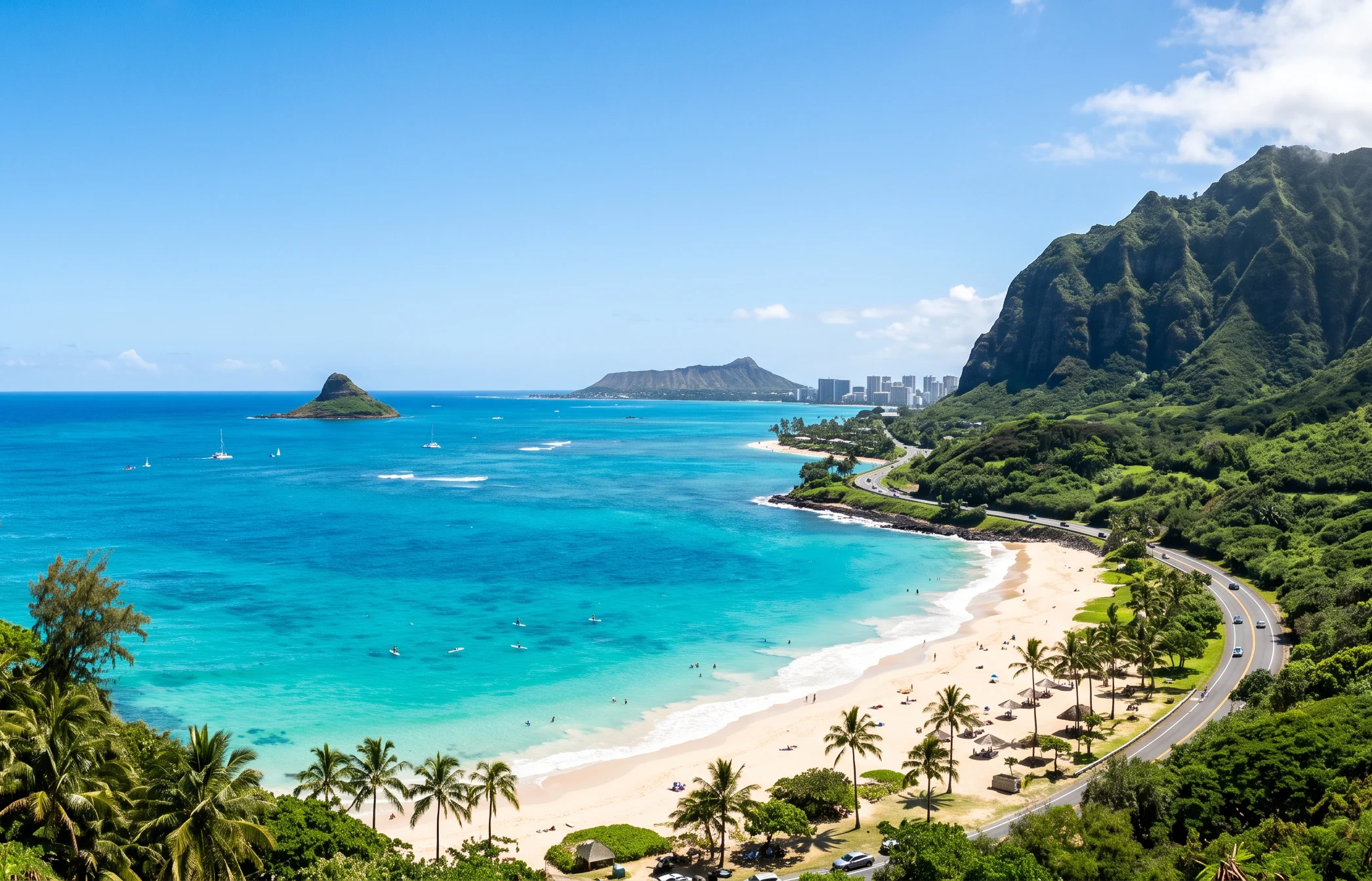 Oahu coastline with a white-sand bay, turquoise water, and green mountains