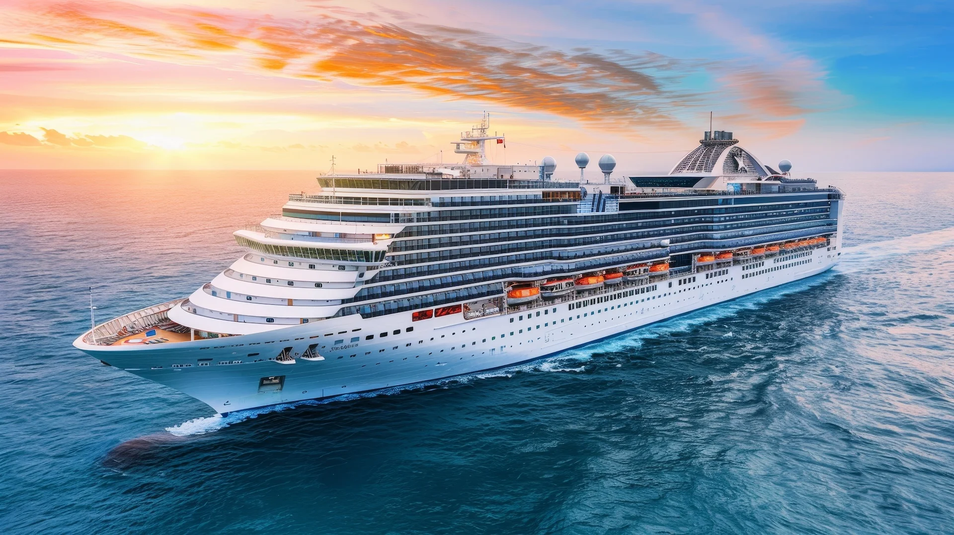 Cruise ship sailing under a pink and orange sunset sky
