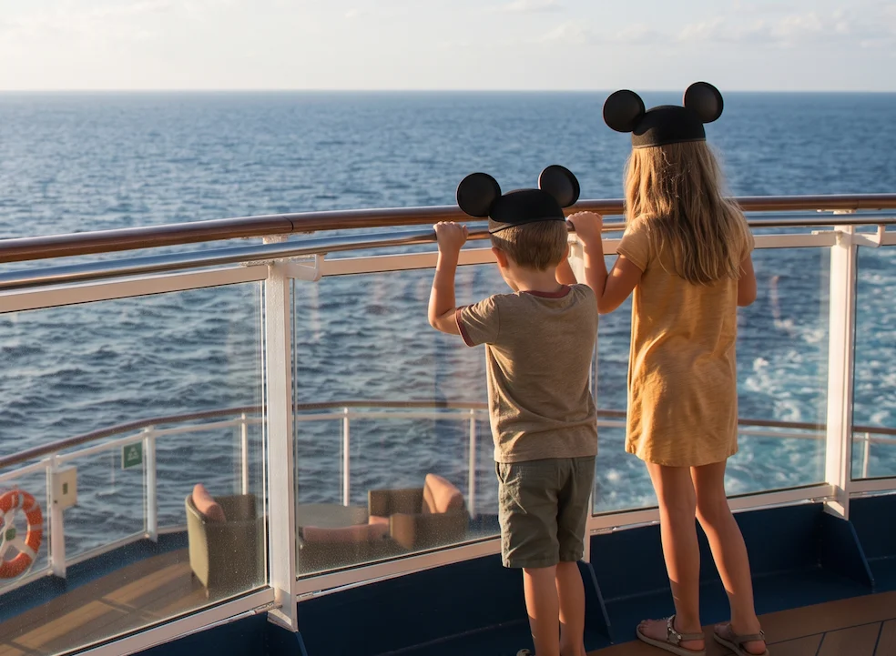 Disney Cruise Kids Two kids in Mickey ears gazing out to sea from a cruise ship deck